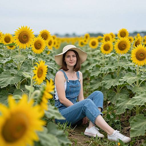 Photograph of a smiling woman in blue denim overalls and white sneakers, sitting in a vibrant sunflower field, wearing a wide-brimmed straw