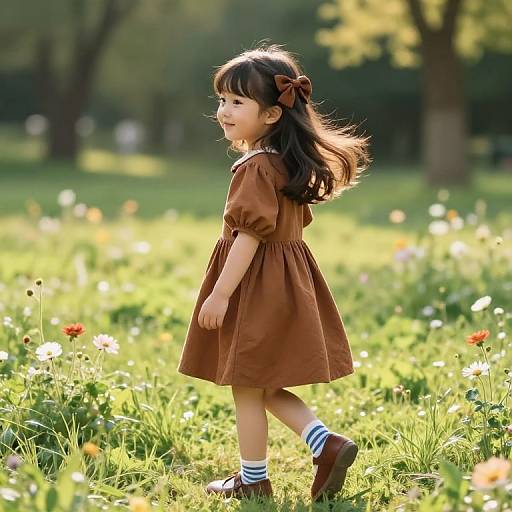 Photograph of a young Asian girl with long black hair, wearing a brown dress, striped socks, and brown shoes, walking in a sunny, flower