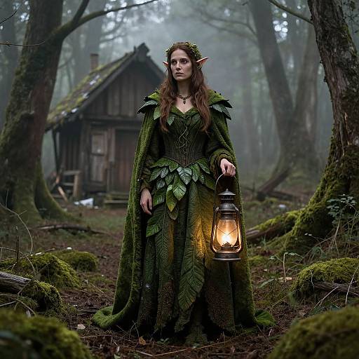 Photograph of a fantasy elf woman with long brown hair, pointed ears, and green leafy dress holding a lantern in a misty forest, with