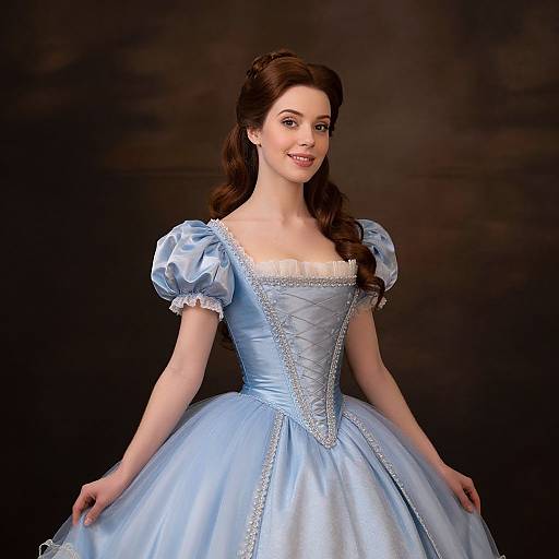 Photograph of a fair-skinned woman with long brown hair, wearing a light blue, satin, 18th-century-style ball gown with lace trim