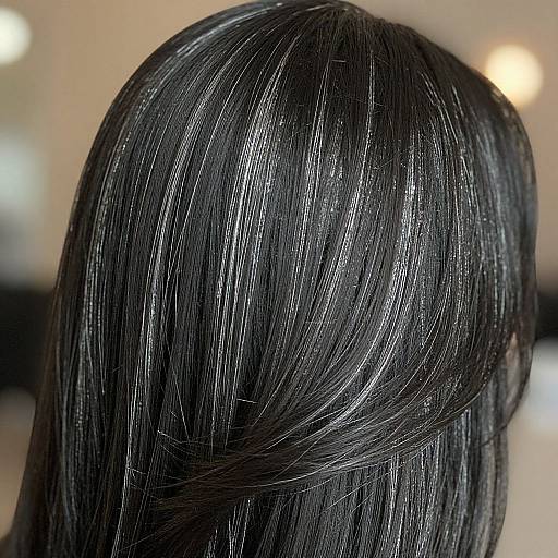 Close-up photograph of sleek, shiny black hair with subtle white highlights, showing smooth, straight strands and a glossy texture.