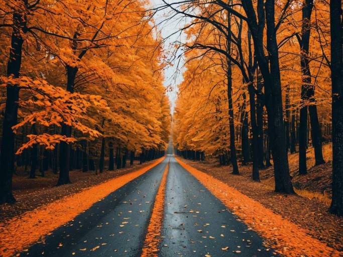 Autumn Road Through Orange Forest