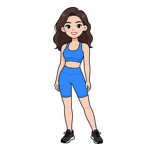 Cartoon-style drawing of a smiling young woman with wavy brown hair, wearing a blue sports bra and matching shorts, black sneakers, standing against a