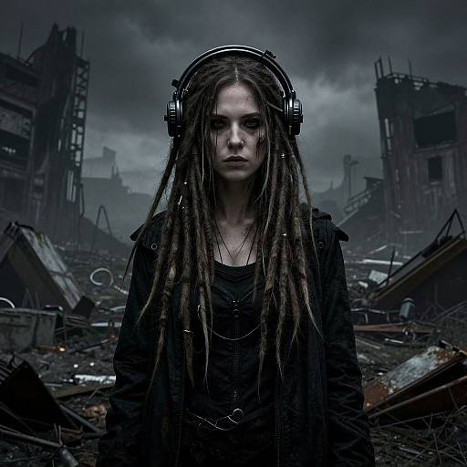 Photograph of a pale, serious-faced woman with long dreadlocks, wearing black headphones and clothing, standing in a dark, ruined industrial landscape under a