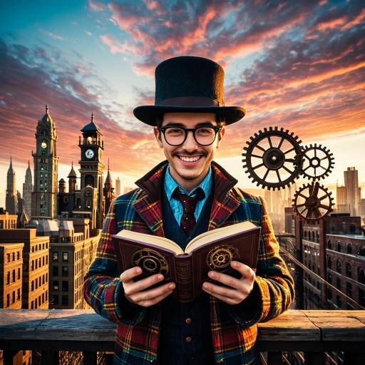 Young Detective Reading in Steampunk Cityscape