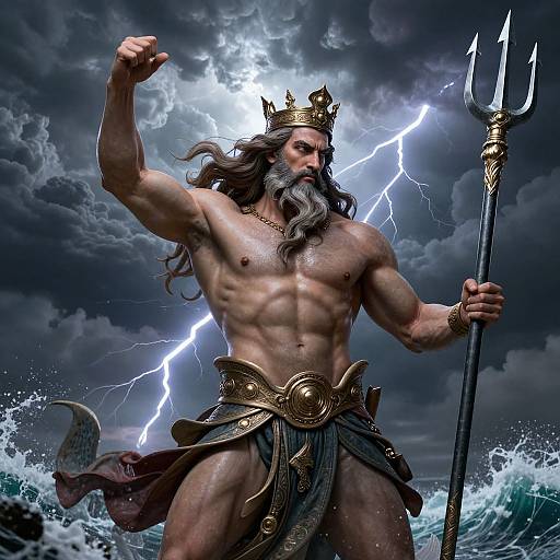 Digital art of muscular, bearded Zeus with golden crown, holding trident, lightning bolts in stormy sky, waves in background, wearing ornate