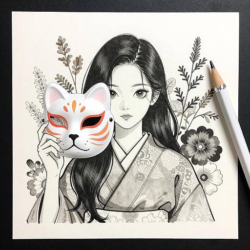 Monochrome Woman in Kimono with Cat Mask