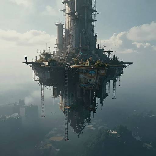 Photorealistic CGI image of a futuristic, scaffolding-covered floating structure with ladders, silhouetted figures, and a reflective water surface below