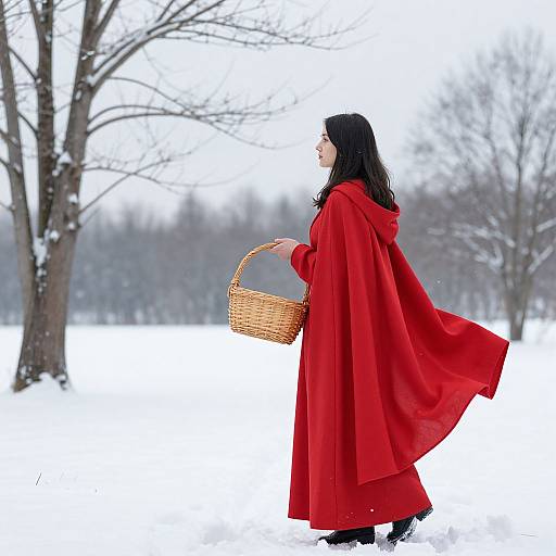 Photograph of a woman in a vibrant red cloak and black dress, holding a wicker basket, standing in a snowy, leafless forest.