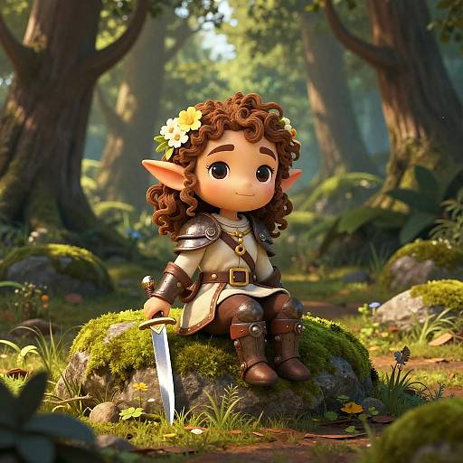 Chibi-style elf with curly brown hair, flower crown, and armor, sitting on mossy rock in sunlit forest, holding a sword.