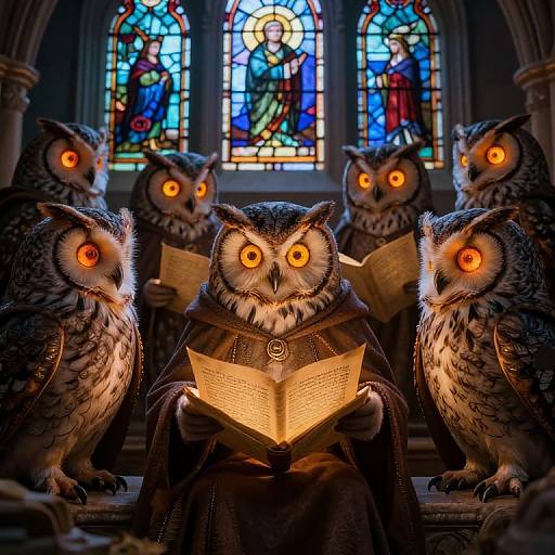 Photograph of five anthropomorphic owls with glowing yellow eyes, wearing dark robes, reading from illuminated books in a dimly lit church with vibrant stained