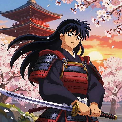 Anime-style illustration of a samurai with long black hair, red-and-black armor, holding a sword, standing in front of cherry blossoms and a