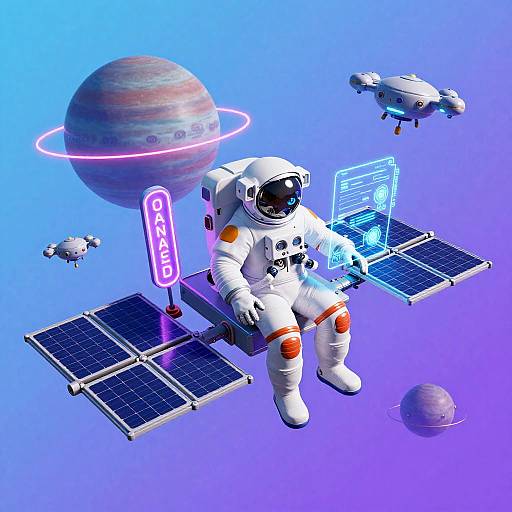 Futuristic Astronaut Repairing Solar Panels in Space