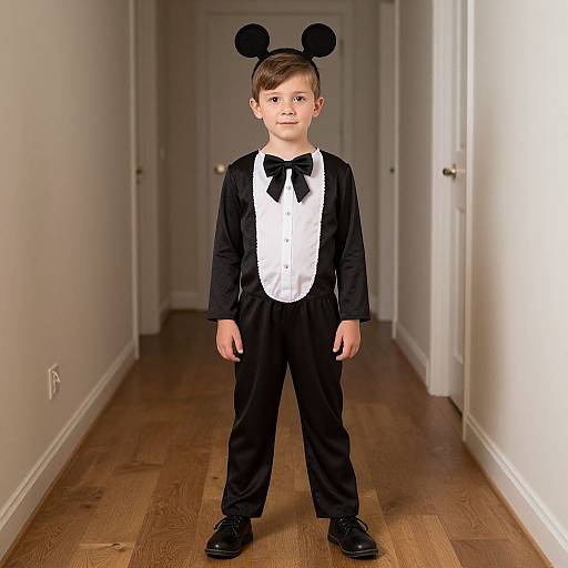 Photograph of a young boy in a black tuxedo with a white shirt and black bow tie, wearing black mouse ears, standing in a wooden