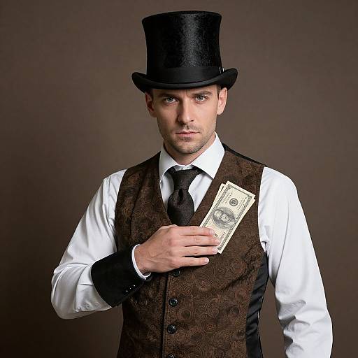 Photograph of a stern, light-skinned man in a black top hat, white shirt, black tie, and brown vest, holding a dollar bill