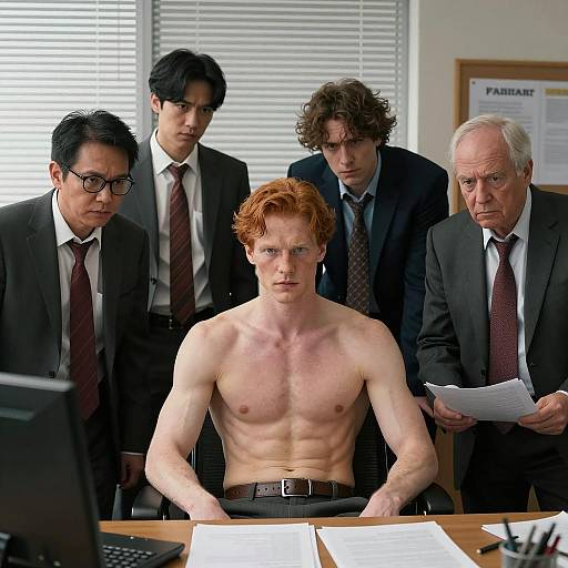 Shirtless Man in Office Surrounded by Colleagues