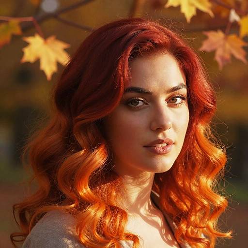 Photograph of a young woman with vibrant red-orange wavy hair, soft sunlight, and autumn leaves in the background, looking directly at the camera.