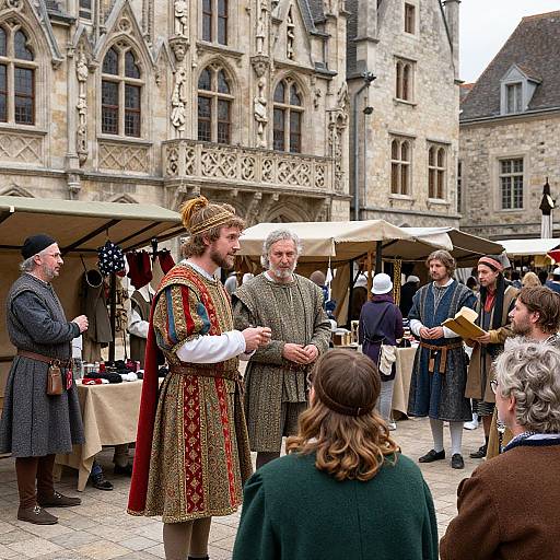 Photograph of medieval market scene with knights in ornate tunics and hats, stone buildings, and market stalls in background.