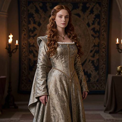 Photograph of a fair-skinned, red-haired woman in an ornate, silver medieval gown with puffed sleeves, standing in a dimly lit