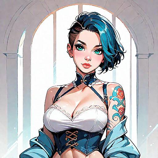 Fashionable Woman with Denim Corset and Tattoos