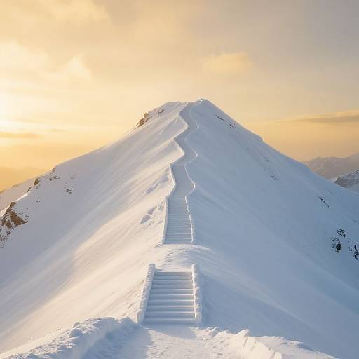 Photograph of a snow-covered, sunlit mountain peak with a narrow, icy staircase leading to the summit, under a golden sunset sky.
