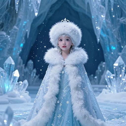 Digital artwork of a young, fair-skinned woman in a blue, snowflake-embellished fur-trimmed ice queen gown and white fur