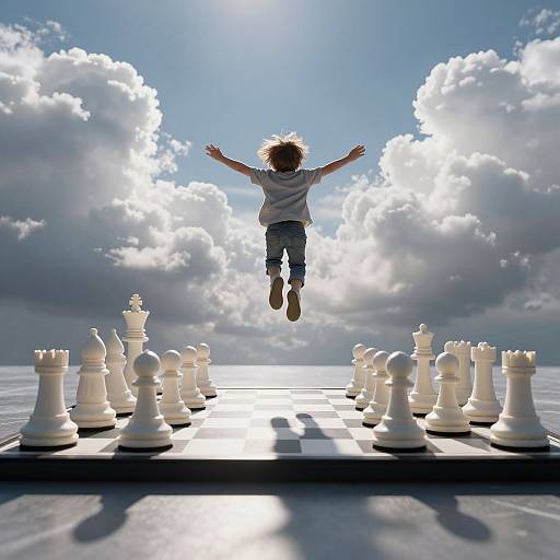 Photograph of a child with curly hair jumping over a white chessboard on a sunlit ocean, surrounded by dramatic clouds.