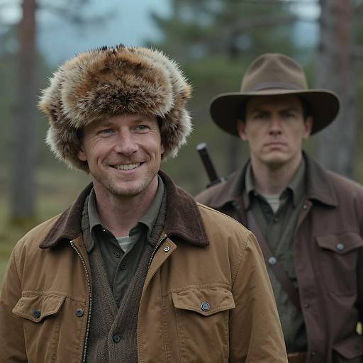 Two Men in Forest with Brown Jackets and Hats