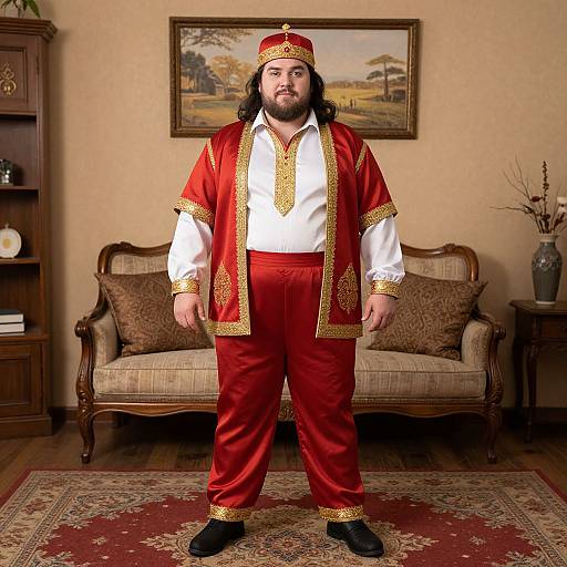Photograph of a bearded man with long black hair, wearing a red and gold traditional outfit, white shirt, and red pants, standing in a