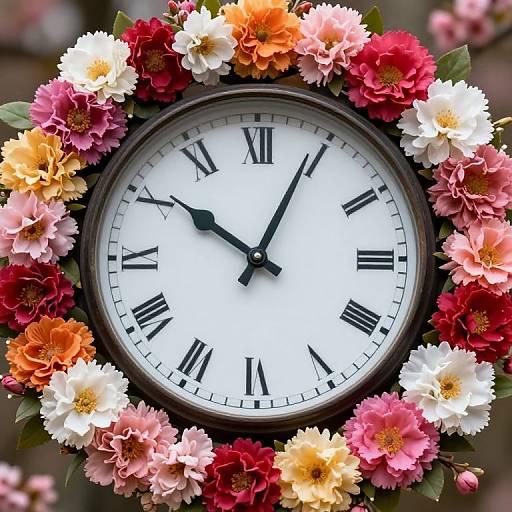 Photograph of a round clock with black Roman numerals, surrounded by vibrant pink, orange, white, and red chrysanthemums.