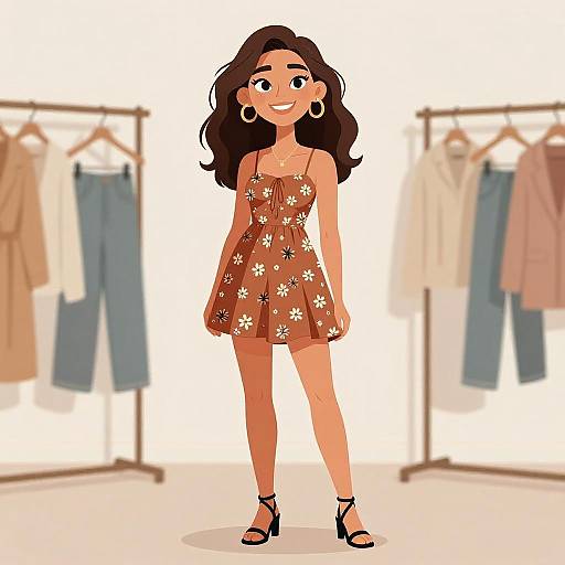 Cartoon-style illustration of a smiling woman with long brown hair in a floral orange dress, black sandals, and hoop earrings, standing in a clothing store