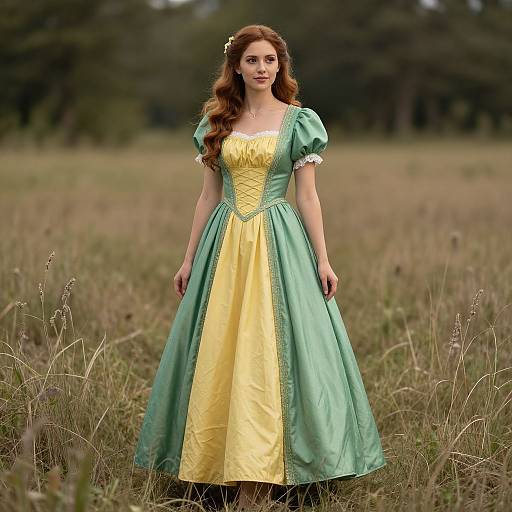 Photograph of a young woman with long red hair in a yellow and green ball gown, standing in a grassy field.