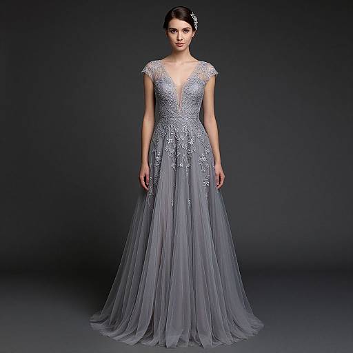 Photograph of a fair-skinned woman with dark hair in an elegant, floor-length, silver-gray gown with a deep V-neck and sheer, be
