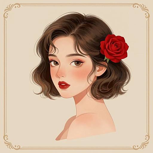 Digital drawing of a fair-skinned woman with short, wavy brown hair, red rose in her hair, and red lipstick, looking over her shoulder
