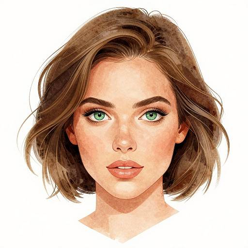 Digital illustration of a beautiful young woman with green eyes, brown wavy hair, fair skin, and subtle freckles, against a white background.