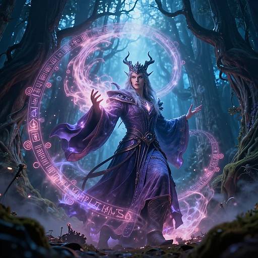 Digital fantasy artwork of a horned, regal woman in a dark, flowing robe, casting a magical purple ring in a mystical forest.