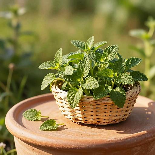 Photograph of a small, woven basket filled with vibrant green mint leaves, placed on a sunlit terracotta pot, with blurred greenery in