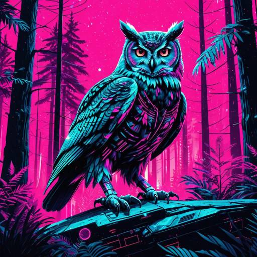 Cybernetic Owl in Neon Forest