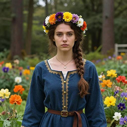 Young woman with fair skin, brown braid, wearing a floral crown and blue medieval-style dress, standing in a vibrant garden.