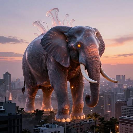 Majestic Glowing Elephant Over Cityscape