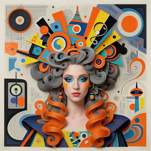 Digital art of a pale-skinned woman with vibrant, curly gray-orange hair, blue eye makeup, and colorful abstract geometric background.