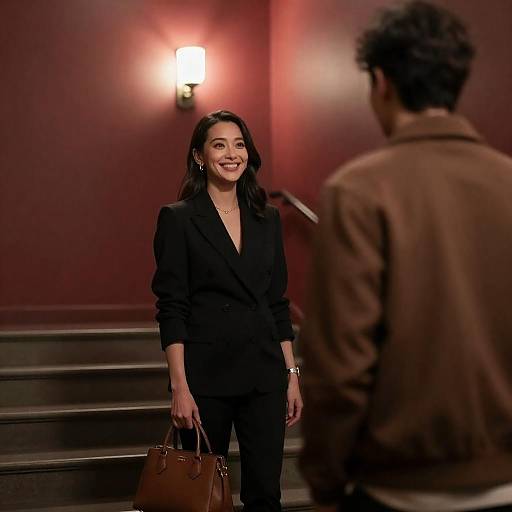 Photograph of a smiling Asian woman in a black blazer and pants, holding a brown handbag, facing a man in a brown jacket on red
