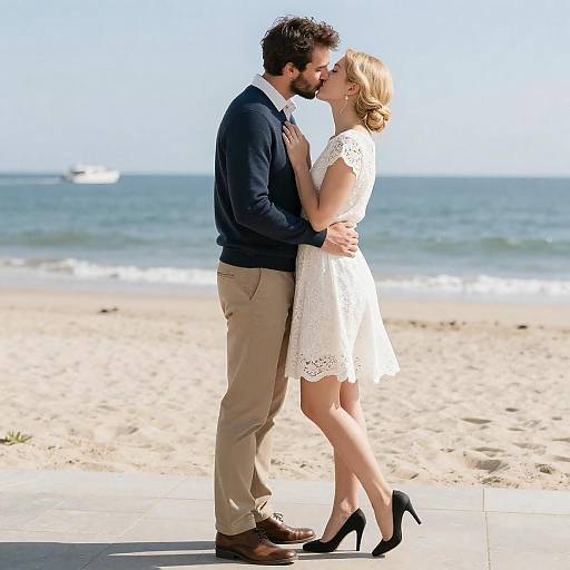 Sunlit Beachside Romantic Couple Kissing