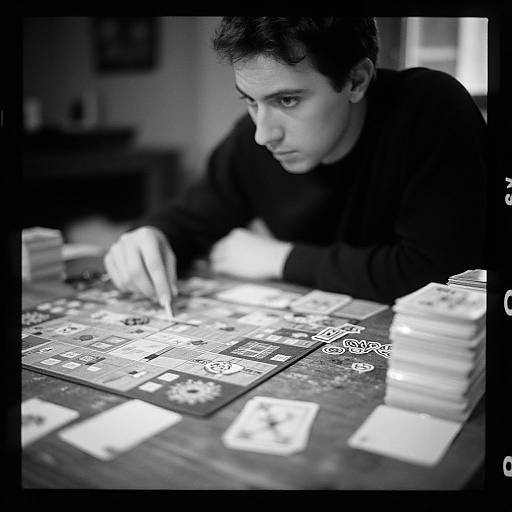 Black and white photograph of a focused, dark-haired man intently playing a detailed strategy game on a table with stacked cards.
