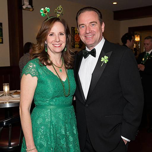 Photograph of a smiling couple at a formal event; woman in green lace dress with shamrock headpiece, man in black tuxedo with sham