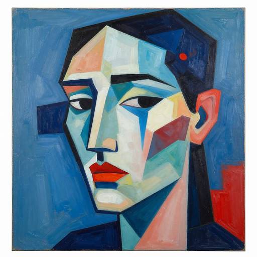 Cubist-style digital painting of a stern-faced person with angular features, red lips, and a blue-black background, using bold geometric colors.