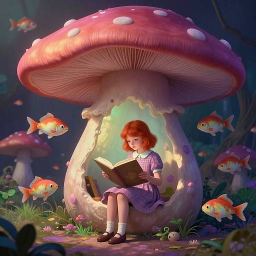 Whimsical digital painting: red-haired girl in purple dress reads book inside giant pink mushroom, surrounded by glowing orange fish and vibrant forest.