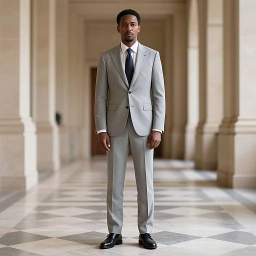 Photograph of a Black man in a light gray suit, white shirt, black tie, and black shoes standing in a grand, sunlit, marble