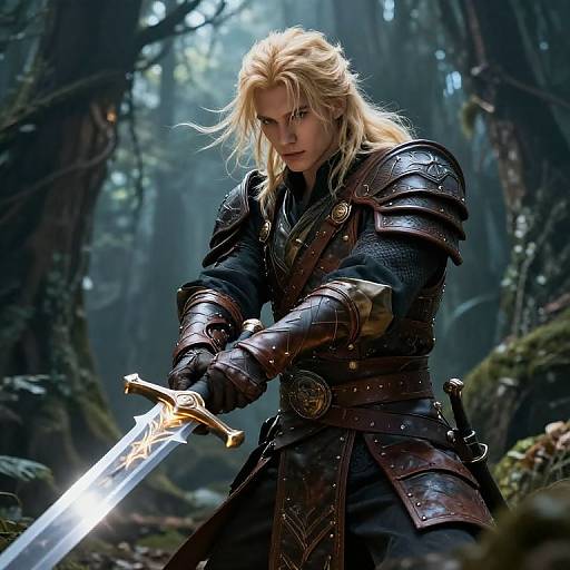 Digital fantasy artwork of a blonde, stern-faced warrior with long hair, wearing dark, ornate armor, wielding a glowing sword in a misty forest