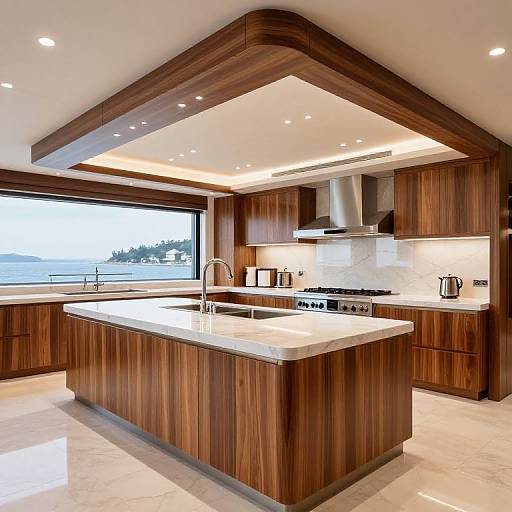 Modern kitchen photograph with dark wooden cabinets, white marble countertops, island sink, stainless steel appliances, recessed ceiling lights, and large window overlooking a scenic